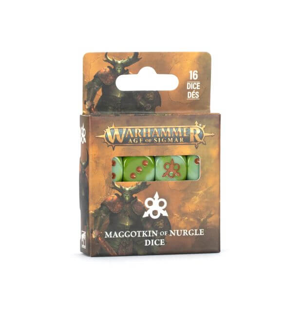 Warhammer Age of Sigmar dice set packaging with green dice inside