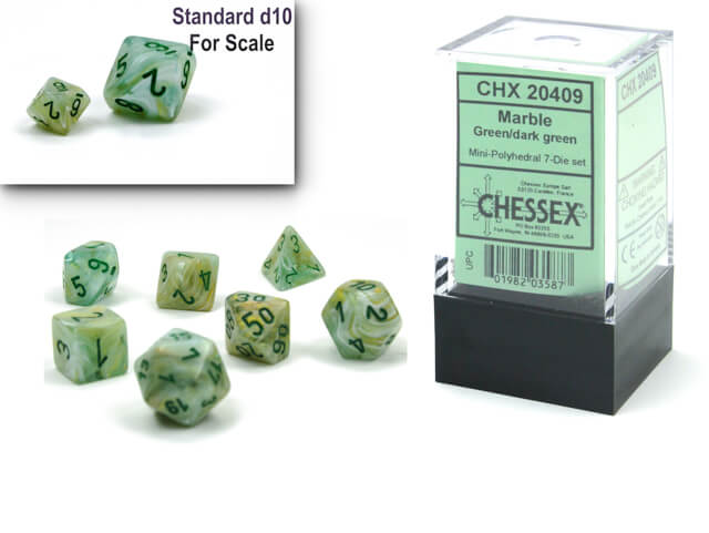 The Chessex Marble Green with Dark Green mini polyhedral set and container on display on a white background, A size comparison with a standard size d10 is in the upper right hand corner.