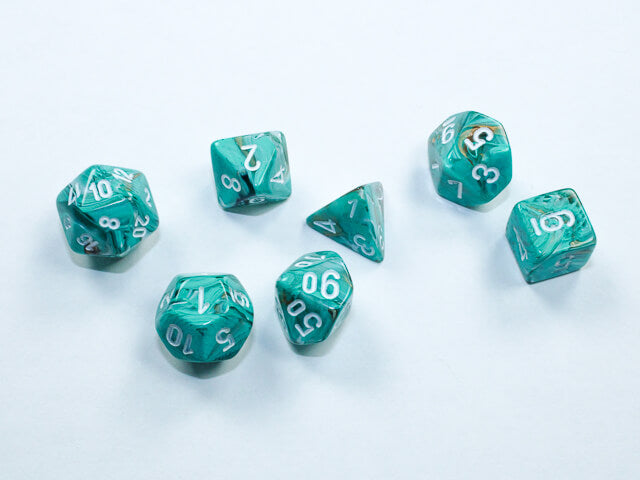A close of the Chessex  Marble Oxi-Copper with white mini dice set.