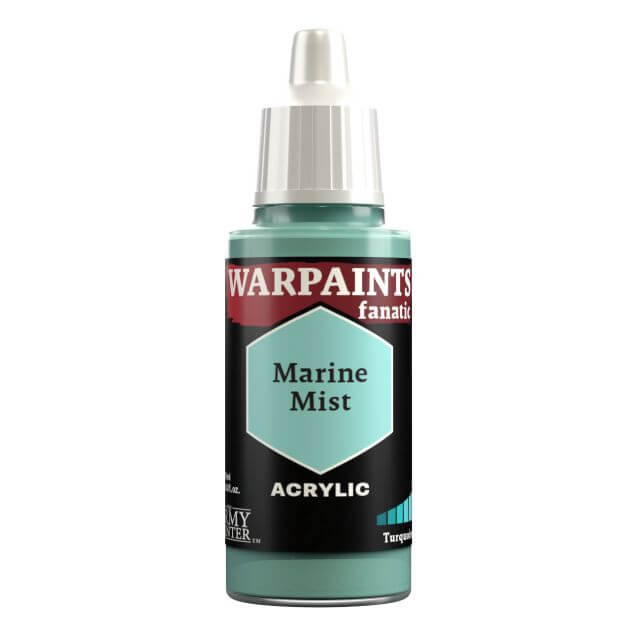A bottle of Warpaints Fanatic acrylic paint in the shade 'Marine Mist'. The bottle is labeled and the cap is off, showing the paint inside.
