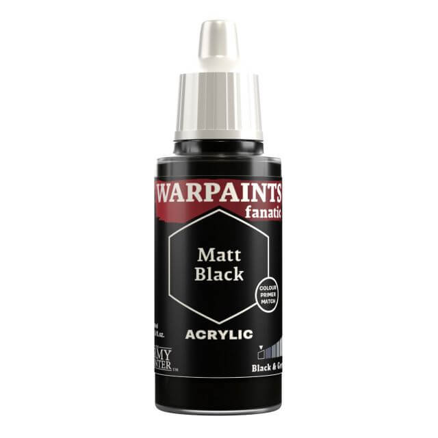 A bottle of The Army Painter's Warpaints Fanatic Matt Black acrylic paint.