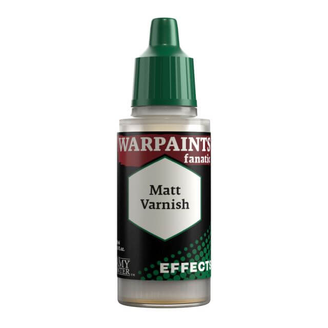 A bottle of Warpaints Fanatic Effects matte varnish, with a green cap and label featuring the brand and product name.