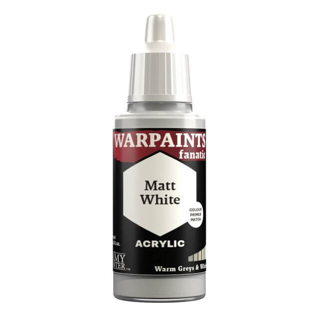 A bottle of Warpaints Fanatic Matt White acrylic paint.