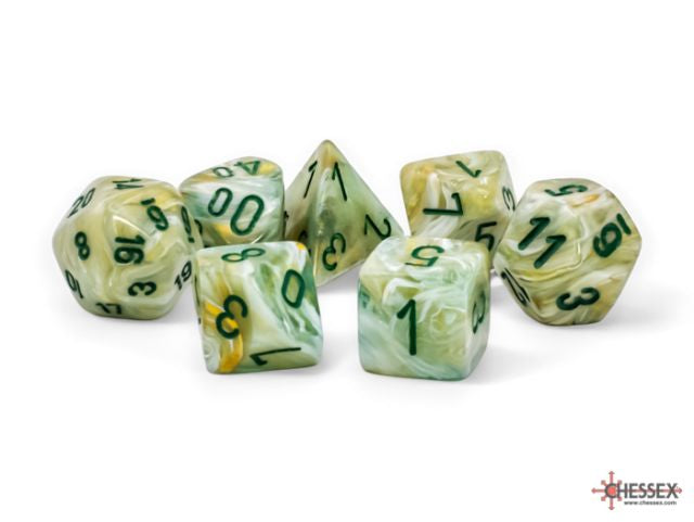 A set of marble green dice with dark green numbers, including various sided dice and a percentile die, displayed against a white background.