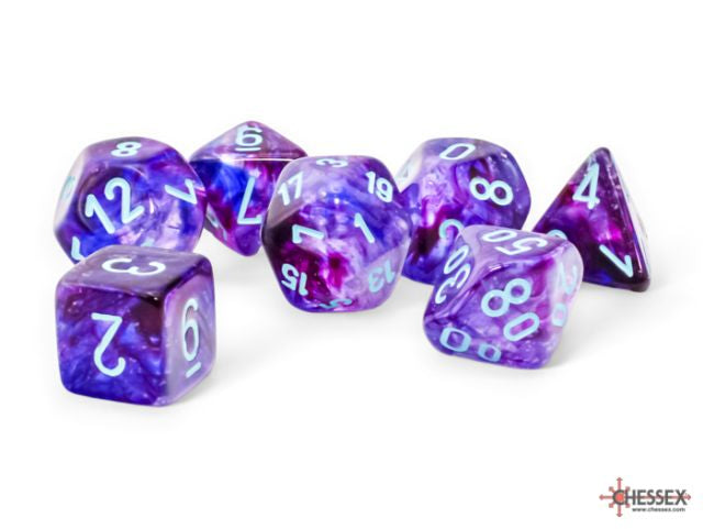 An oversized polyhedral dice set swirled purple, blue, and clear, inked in white. 