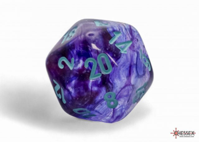 A large purple and blue swirled d20 inked in blue. 
