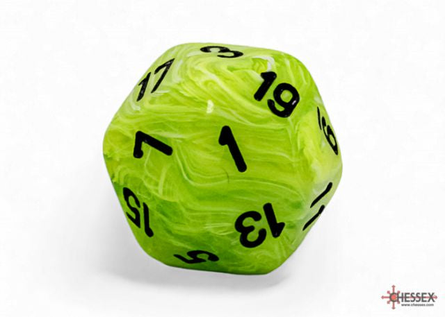 A large green and yellow swirled d20, inked in black. 
