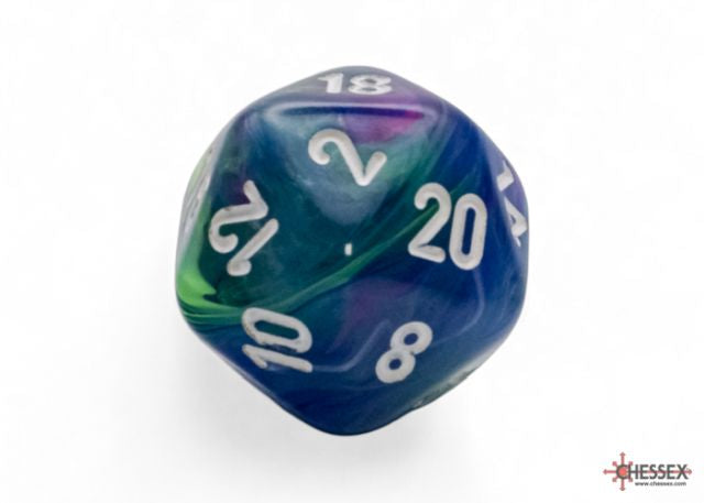 A multicolored dice set with numbers ranging from 0 to 20, featuring a mix of blue, green, pink, and white colors.