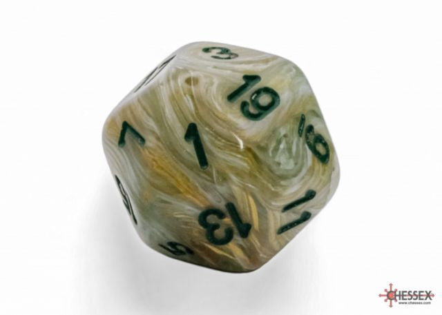 A large white and gold swirled d20 inked in green. 