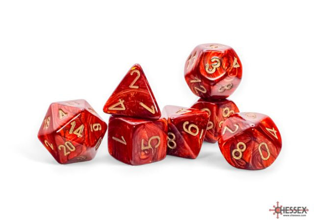 A set of red dice with gold numbers, including various sided dice and a percentile die, on a white background.