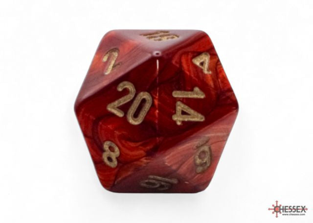 A red dice with gold numbering, resembling a Scarab, with a Chessex logo on the bottom right.