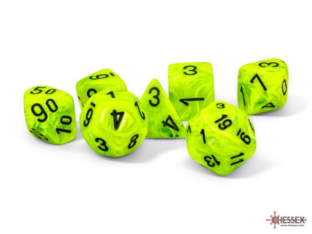 A set of bright green polyhedral dice with black numbers, including various sided dice and a percentile die, against a white background.