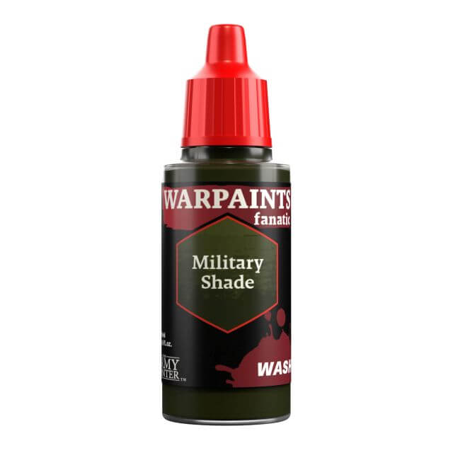 A bottle of Warpaints Fanatic Wash in Military Shade, with a red cap on a green label.