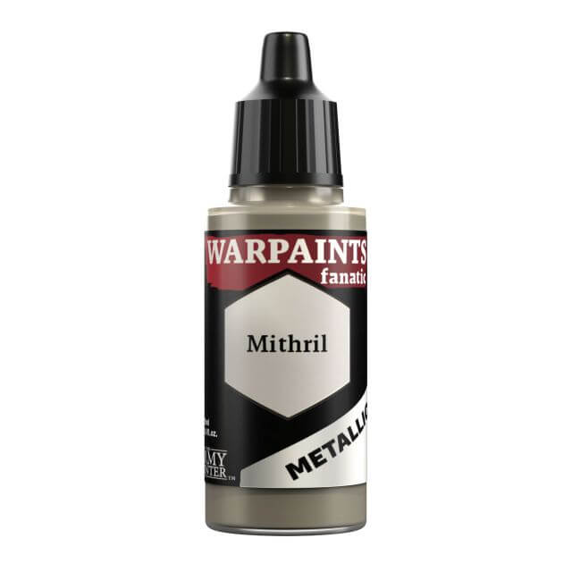 A bottle of Warpaints Fanatic Metallic craft paint in the color Mithril, with a metallic finish.