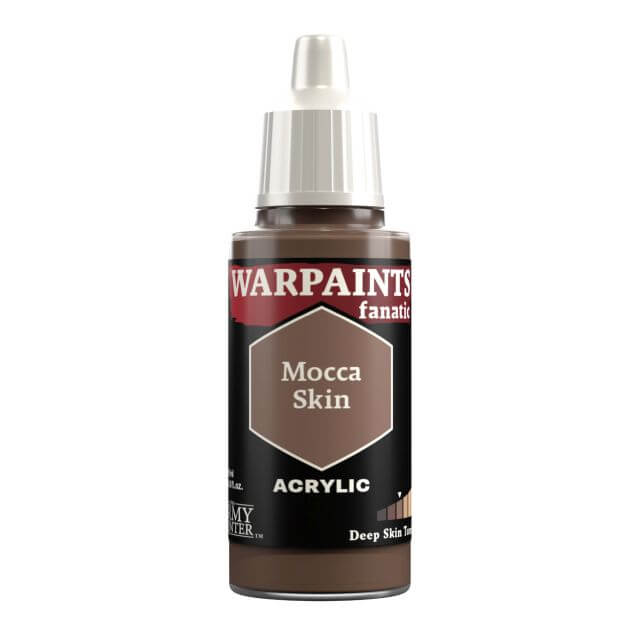 A bottle of Warpaints Fanatic Mocca Skin acrylic paint in a brown color, labeled for deep skin tones.