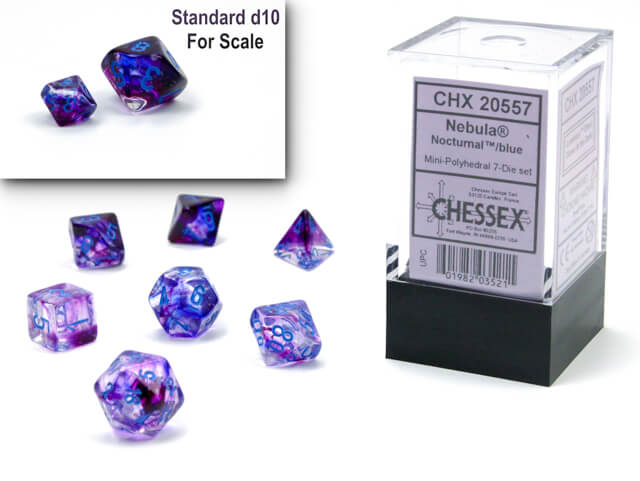 The Chessex Nebula Nocturnal with blue mini polyhedral set and container on display on a white background, A size comparsion with a standard size d10 is in the upper right hand corner.