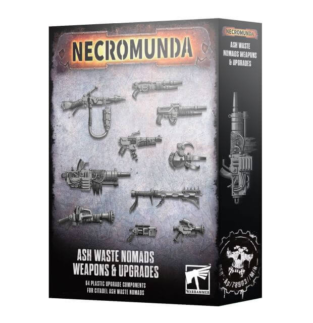 Packaging for Necromunda Ash Waste Nomads Weapons & Upgrades, featuring various assembled and unassembled plastic models of scavenged weaponry and equipment for the game.