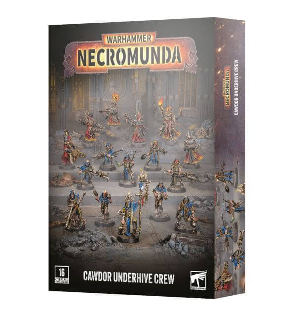 Warhammer Necromunda Cawdor Underhive Crew box set, featuring a detailed cover illustration of various painted miniature figures in a dark, industrial environment.