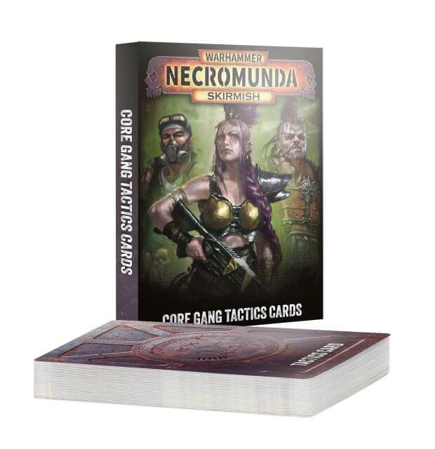 Warhammer Necromunda Skirmish Core Gang Tactics Cards box standing behind a deck of cards on a clean white background.