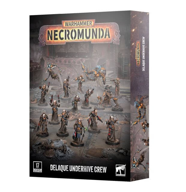 Warhammer 40k Necromunda Delaque Underhive Crew box set, showing the front and side panels of the product packaging against a white background.