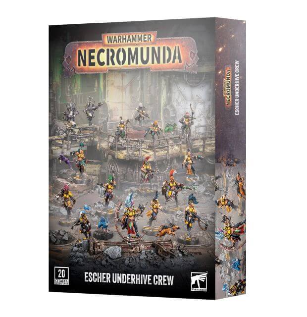 Warhammer Necromunda Escher Underhive Crew box set, featuring a detailed sci-fi illustration of miniature figures and vehicles on a dark, industrial background.