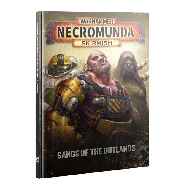 Warhammer Necromunda Skirmish: Gangs of the Outlands tabletop gaming rulebook, featuring a detailed cover illustration of a battle scene with armored soldiers and a zombie-like figure.