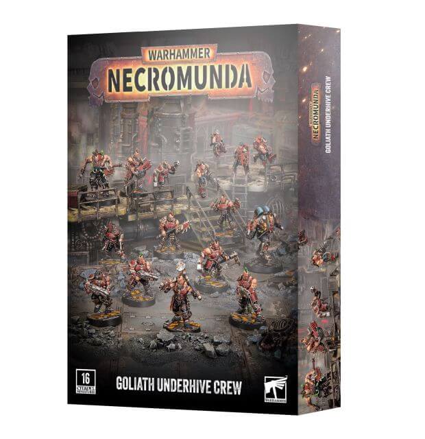 Warhammer Necromunda Goliath Underhive Crew box set, featuring a detailed sci-fi horror illustration of goliath miniatures in a ruined industrial environment.