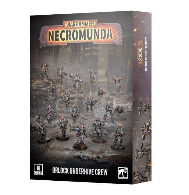 Warhammer Necromunda Orlock Underhive Crew box set, featuring a detailed sci-fi illustration of orlocks on the front cover and spine, with the Warhammer logo at the top.