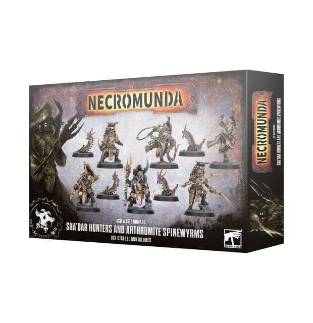 Packaging for Necromunda Sha'Dar Hunters & Arthromite Spinewyrms miniatures, featuring illustrations of the characters on a box with 'Necromunda' branding.