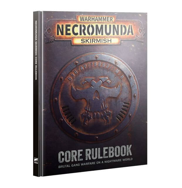 Warhammer Necromunda Skirmish Core Rulebook book cover shown at a slight angle on a plain white background.
