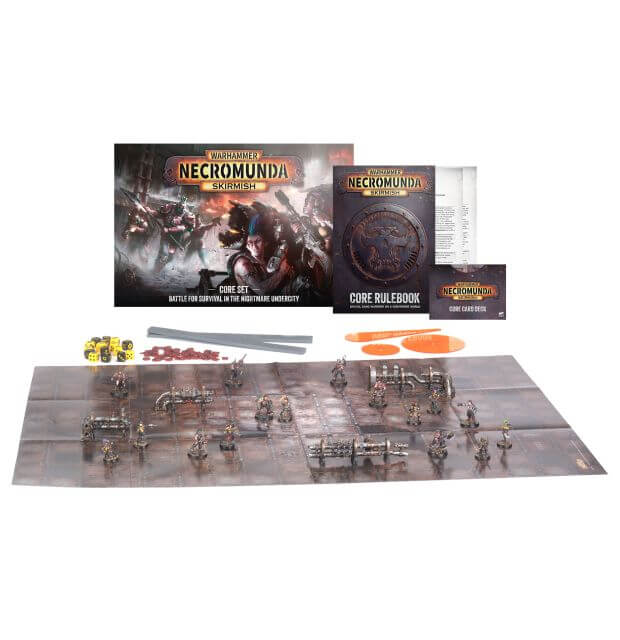 Necromunda Core Set tabletop wargaming kit displayed on a white background, including the main box, core rulebook, playmat, dice, tokens, and miniatures.