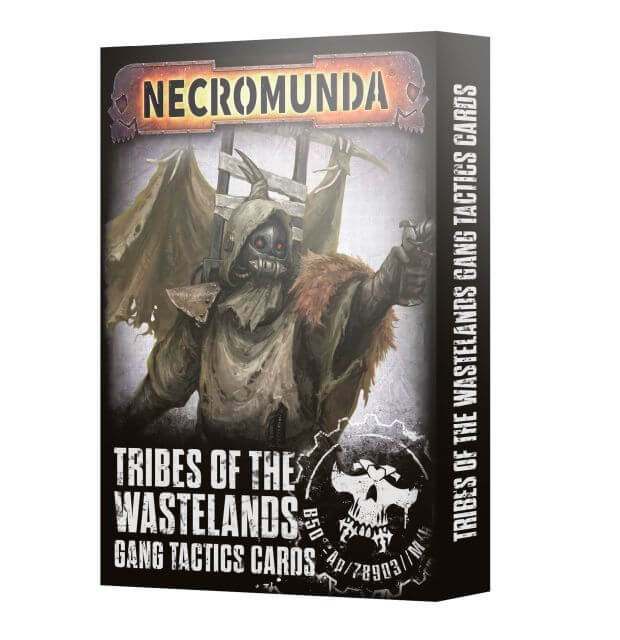 Packaging for Necromunda Tribes of the Wastelands Gang Tactics Cards featuring illustrated gang leader with a skull and bones motif.