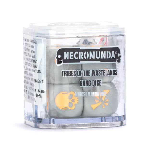 A clear plastic dice cup containing seven dice with yellow markings, labeled 'Necromunda Tribes of the Wastelands Gang Dice'. The dice are gray with yellow details.