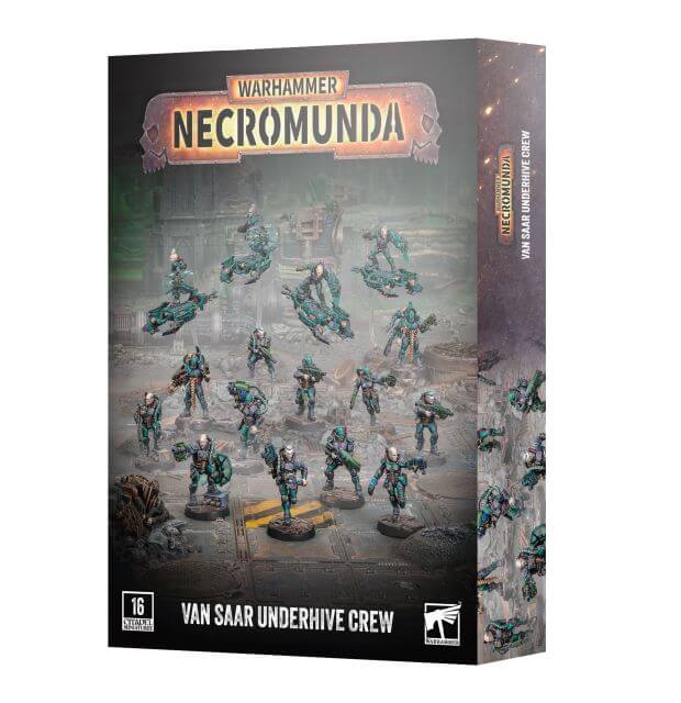 Warhammer 40k Necromunda Van Saar Underhive Crew box set, showing the front and side packaging with painted miniatures on a dark, atmospheric sci-fi background.