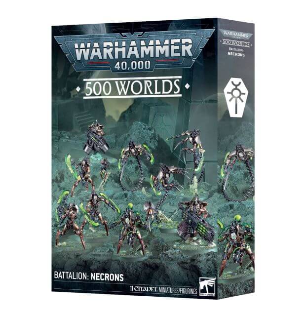 Warhammer 40,000 game box featuring Necrons on a white background