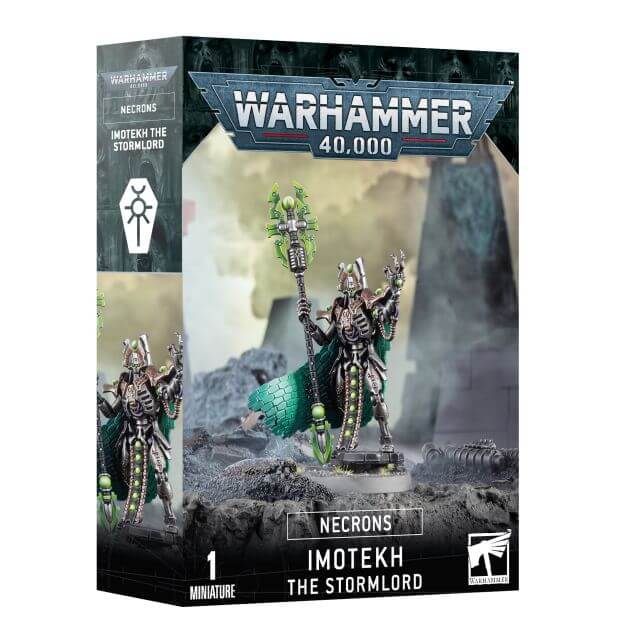 Product packaging for Warhammer 40,000 Necron Imotekh the Stormlord miniature, featuring an illustration of the character on a base, surrounded by dark, misty scenery.