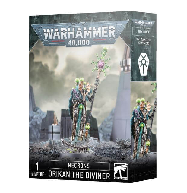 Product packaging for Warhammer 40,000 Necron Orikan the Diviner miniature, featuring the assembled and painted figure on a base, with eldritch spheres and a staff.