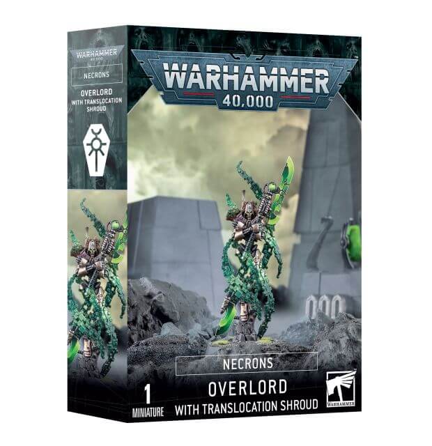 Product packaging for Warhammer 40,000 Necron Overlord with Translocation Shroud miniature, featuring the assembled and painted model on the box art.