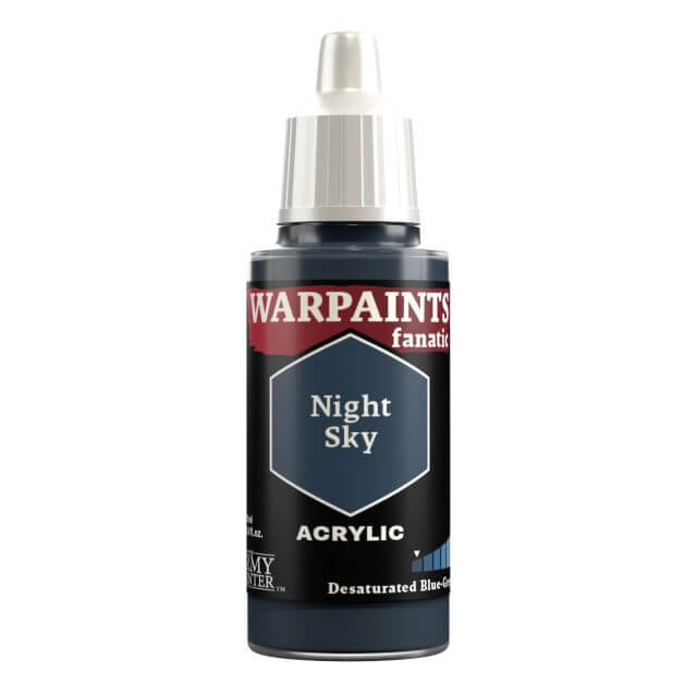 A bottle of Warpaints Fanatic paint in the color Night Sky, which is a black bluish grey, labeled as 18ml / 0.62 fl oz.