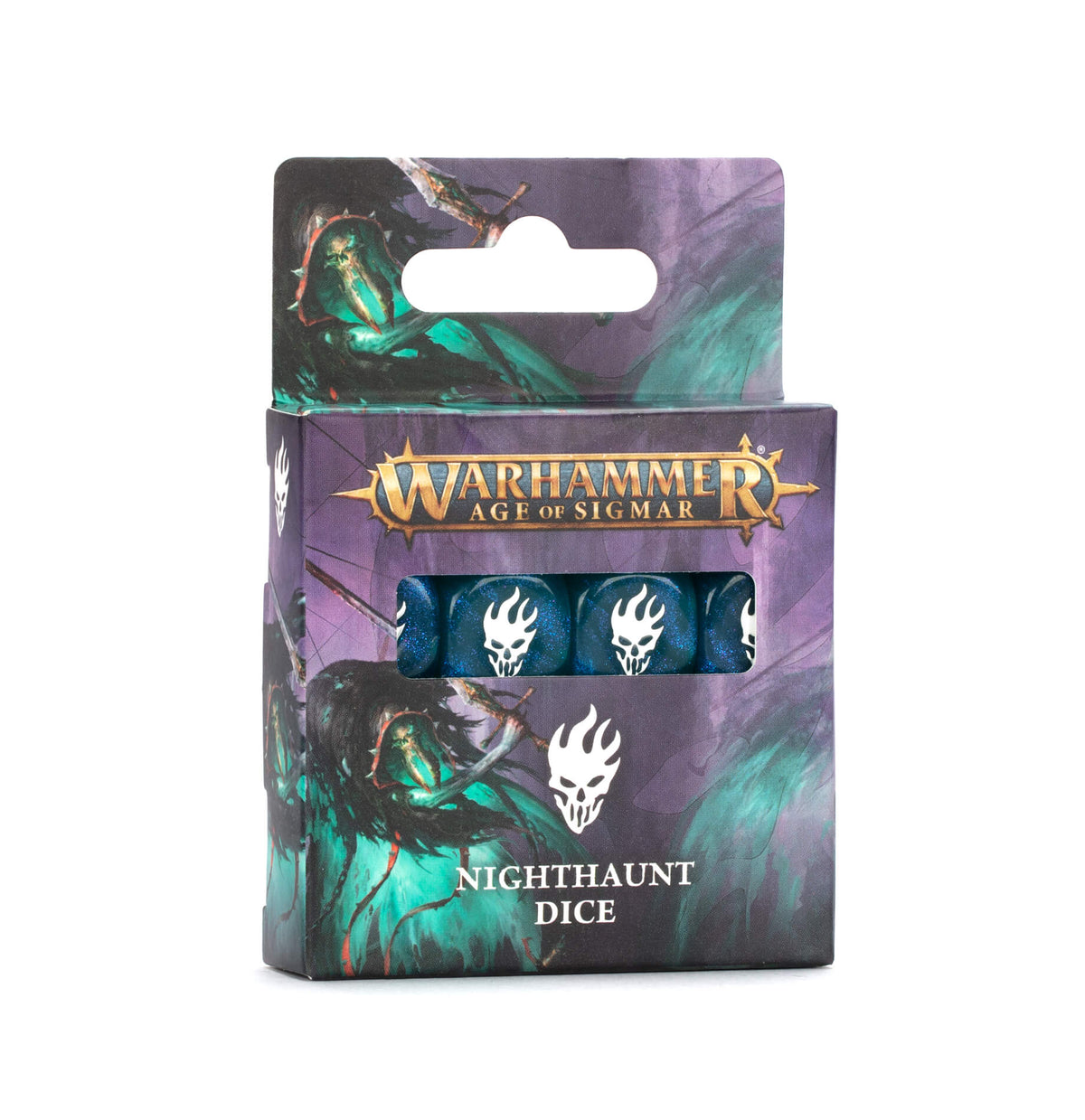 Packaged dice set for 'Warhammer Age of Sigmar' with a purple background and dragon illustration.