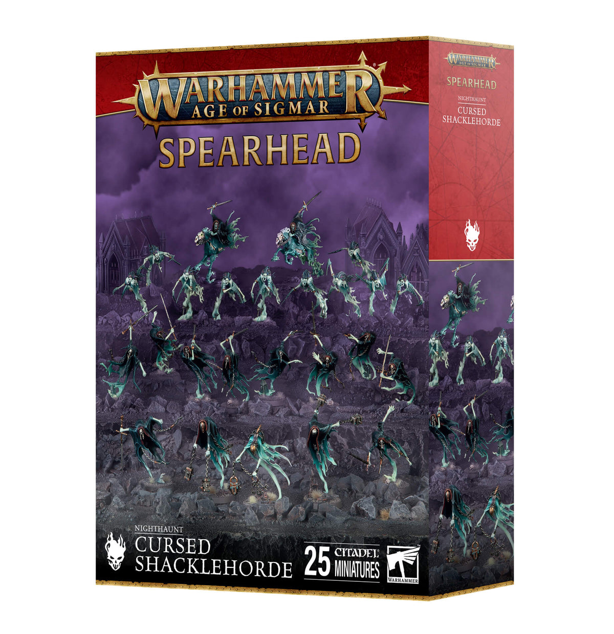 Warhammer Age of Sigmar Spearhead box with miniature figures on a purple background