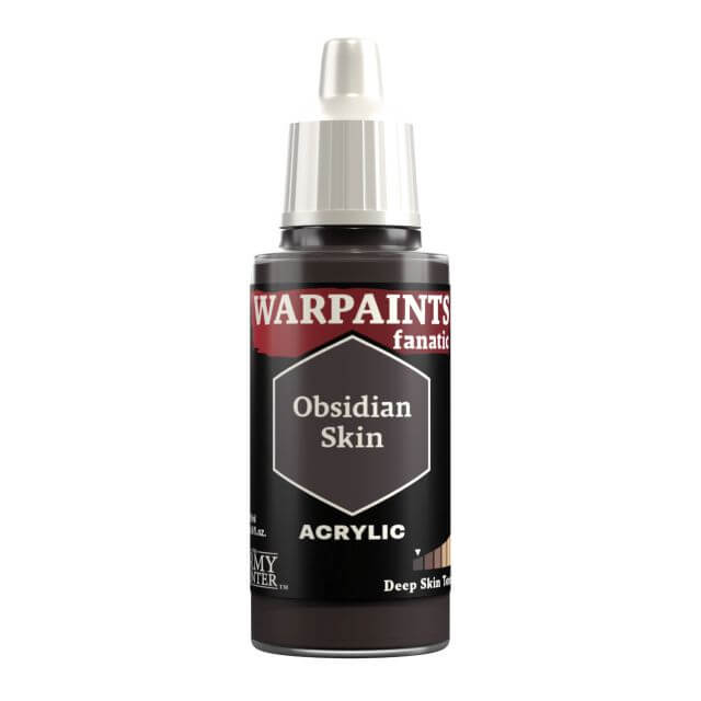 A bottle of Warpaints Fanatic Obsidian Skin acrylic paint in a 18ml container, with a label indicating it's for deep skin tones.