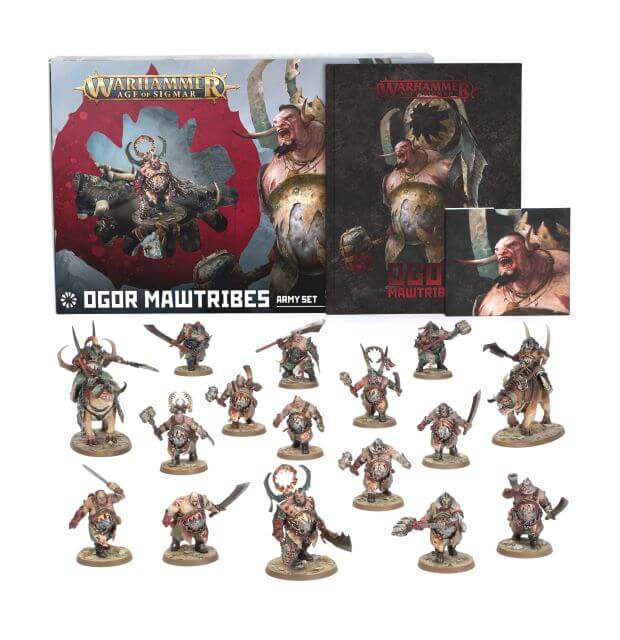 Warhammer 40k Ogor Mawtribes miniatures set, showing the illustrated box, booklet, and multiple painted or unpainted miniature figures on round bases against a white background.