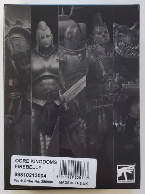A box of Ogor Mawtribes Firebelly model kit with a black and white image of a fantasy character and a hammer on the packaging.