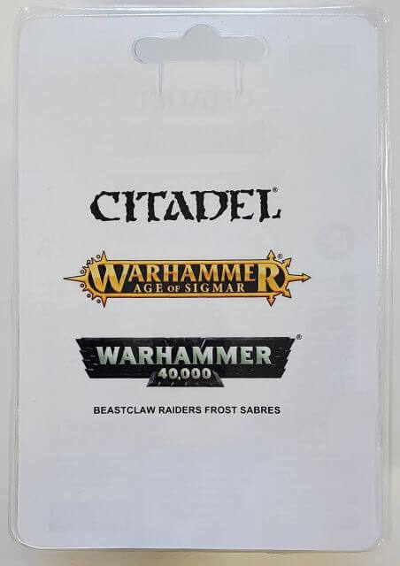 Packaging for Citadel Warhammer 40,000 Beastclaw Raiders Frost Sabres. The package is white with 'Citadel' and 'Warhammer 40,000' logos at the top, and a reference to 'Beastclaw Raiders Frost Sabres' at the bottom.