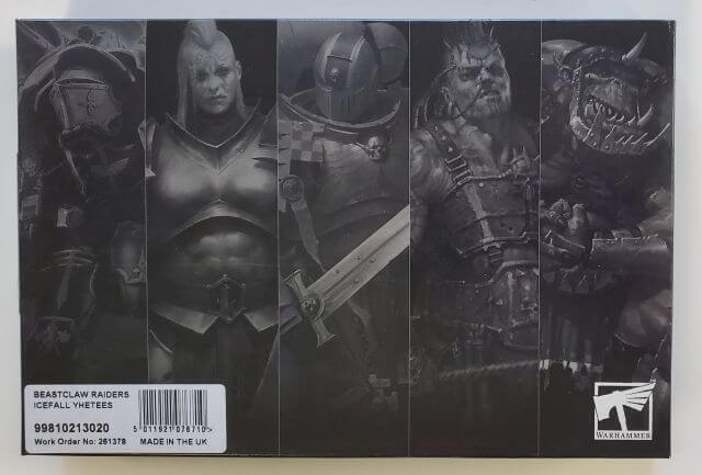 Packaging for Age of Sigmar Beastclaw Raiders Icevall Yhetees miniature kit featuring logos and product name.