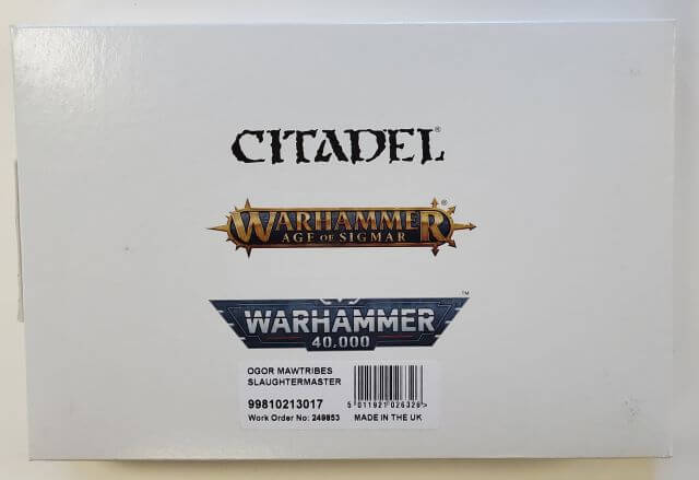 Packaging box for CITADEL Warhammer 40,000 miniature, featuring the Ogor Mawtribes Slaughtermaster model.