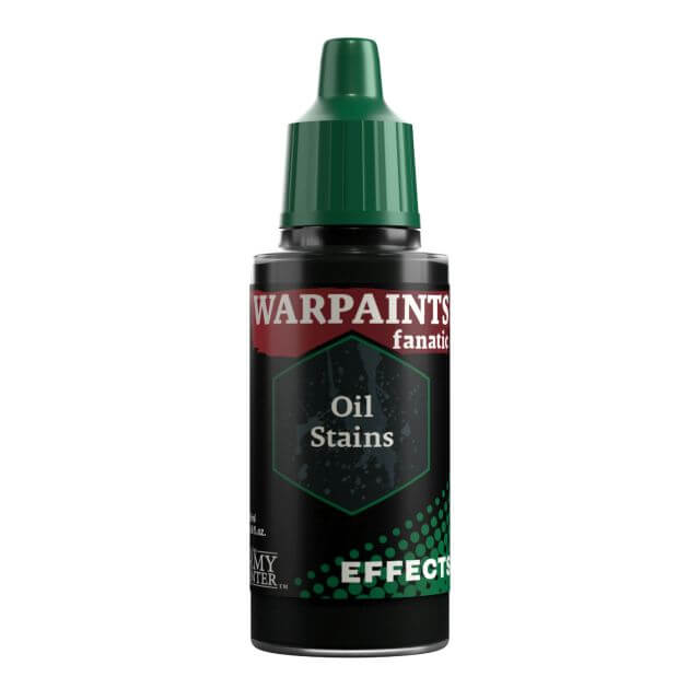 A bottle of Warpaints Fanatic Effect paint Oil stains with a green cap.
