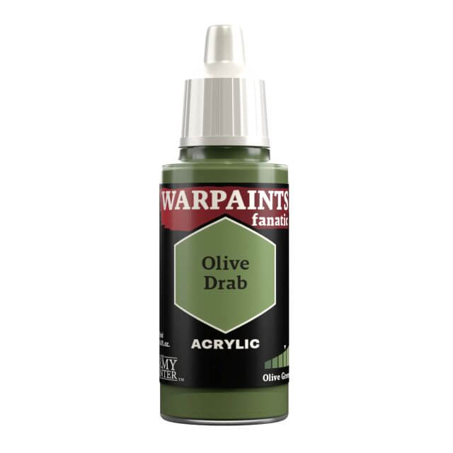 A bottle of Warpaints Fanatic Olive Drab acrylic paint.