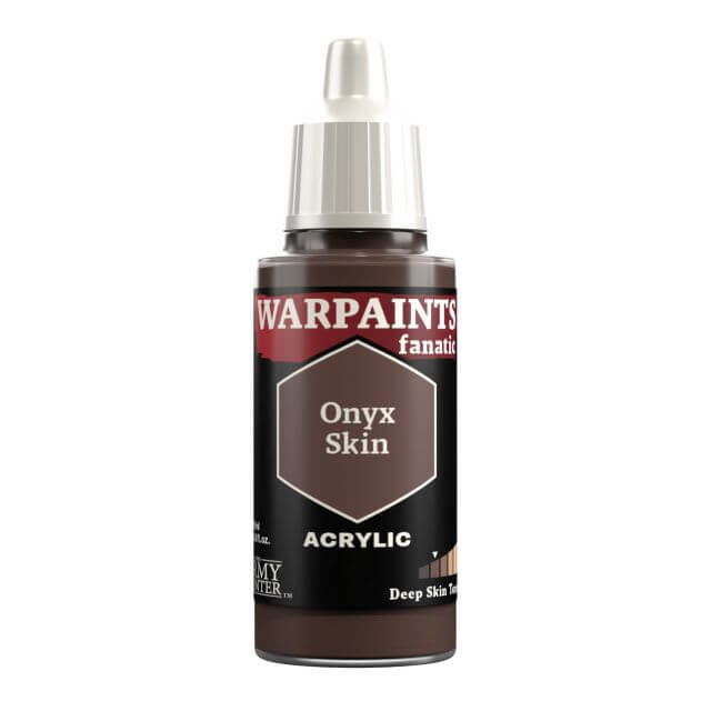 A bottle of Warpaints Fanatic Onyx Skin acrylic paint in a deep skin tone color.